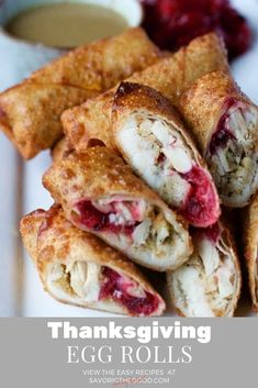 thanksgiving egg rolls with cranberry sauce on the side