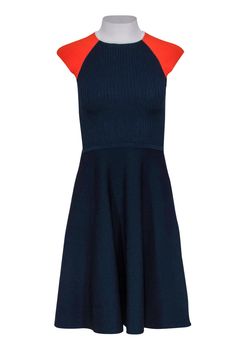 Current Boutique-Karen Millen - Navy & Orange Ribbed Knit Short Sleeved Dress Sz S Short Sleeved Dress, Knit Short, Mock Neckline, Night Looks, Karen Millen, Knit Shorts, Polished Look, Jumpsuit Dress, Date Night