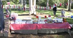 a picnic table set up with food and decorations