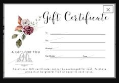 a gift certificate with flowers on it