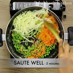 someone cooking vegetables in a skillet on top of a stove with the words, saute well - 5 minutes