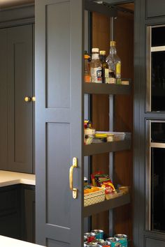 a handcrafted, bespoke shaker kitchen with dark grey kitchen cabinetry, polished brass handles, white worktops and bespoke kitchen features Carrara Quartz, Bronze Handles, Storage Inspiration, Bespoke Kitchen, Upstairs Hallway, Barn Conversion, Hereford, Shaker Style, Kitchen Storage Organization