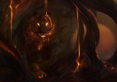 an artistic painting of a demon in the woods with flames coming out of its mouth