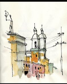 a watercolor sketch of a church with bell towers and power lines in the background