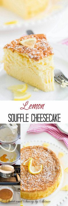 lemon souffle cheesecake on a white plate with the recipe title above it