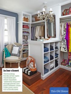 the closet is organized with clothes and accessories