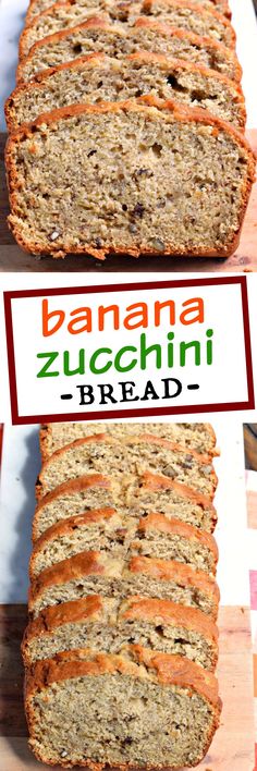 two slices of banana zucchini bread on a cutting board with the title above it