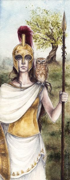 a painting of a woman with an owl on her arm and holding a spear in one hand