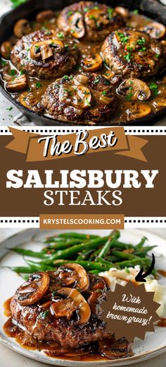 the best salisbury steaks with mushrooms and gravy is served in a skillet