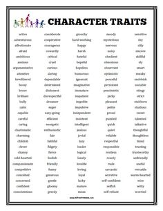 a poster with the words character and their meanings