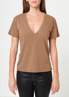 This garment-dyed women's plunge V-neck t-shirt is crafted from lightweight, luxury Supima cotton jersey for an exceptional softness and comfort. Every detail is designed for an effortless fit, wear after wear.    Model is wearing a size S.  Approx. Front Length: 24" Chest: 19 1/4"  Model measurement: Height 5' 10", Bust 32", Waist 24", Hips: 35"   100% Cotton  Made in USA.   Fits true to size. Gifts For New Mums, Supima Cotton, Colored Denim, Independent Designers Fashion, Jacket Sale, Gifts For New Moms, Military Green, V Neck Tee, Deep V Neck