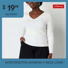 Make your daily style easy when choosing this pullover v-neck women's sweater by Worthington. Cut for a close fit from soft knit, it has long sleeves and ribbed trims. Wear it with everything from jeans to skirts with flats.Closure Type: Pullover HeadFit: Regular FitNeckline: V NeckSleeve Length: Long SleeveSleeve Style: Fitted SleeveApparel Length: 24.5 Inches - Back, 25 Inches - FrontFiber Content: 64% Polyester, 36% RayonCare: Tumble DryOwned & Founded: Women Owned/FoundedCountry of Origin: … Large Sweaters, Long Sleeve Pullover Sweater, Small Sweater, Sweater White, Pullover Sweater Women, White Sweaters, Long Sleeve Pullover, Soft Knits, Daily Fashion