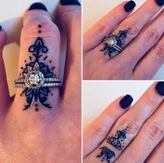 four pictures of different designs on someone's finger and hand, including an elephant ring