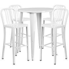 three white bar stools and a round table