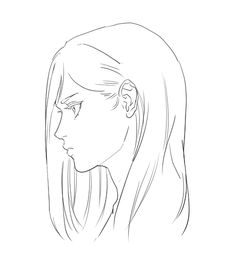 a line drawing of a woman's head with long hair and bangs, looking to the side