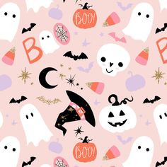 halloween seamless pattern with ghost, pumpkins and booy faces on pink background