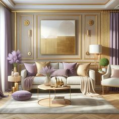 a living room filled with lots of furniture and purple drapes on the windowsill