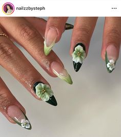 Green Hawaiian Nails, Nails Green Flower, Green Almond Nails Designs, Green Floral Nails, Green Flower Nails, French Nail Tips, Senior Hoco, China Nails, Almond Acrylic