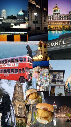 a collage of photos with people and buildings in the background, including a red double decker bus