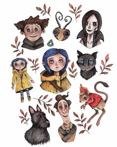 an illustration of people with cats and dogs on their heads, all in different outfits