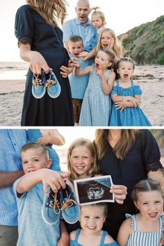 a family posing for pictures on the beach