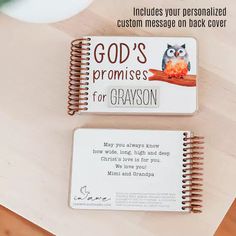 two personalized notebooks with an owl on one and god's promises for grayson on the other