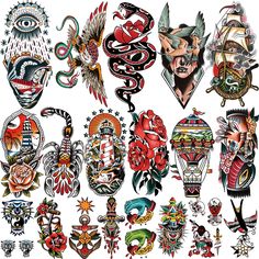 an assortment of tattoo designs on a white background with lots of different colors and shapes