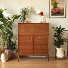 some plants are sitting on top of a wooden cabinet