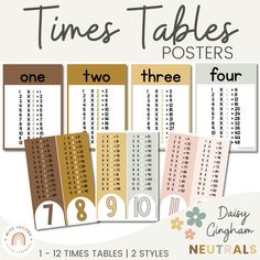 three times tables with numbers on them and the number one to ten in different colors