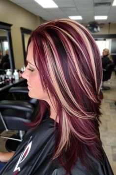 3 Different Hair Color Ideas, Fall Hair Color With Blonde Highlights, Cute Highlighted Hair, Red Hair With Streaks Of Color, Red Violet Hair With Blonde Highlights, Snickers Hair Colour, Medium Brown And Red Hair, Blonde And Dark Red Highlights, Auburn With Highlights And Lowlights