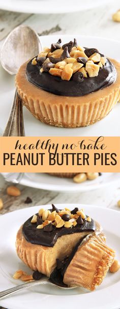 there is a peanut butter pie with chocolate and nuts on top, along with the rest of the pie