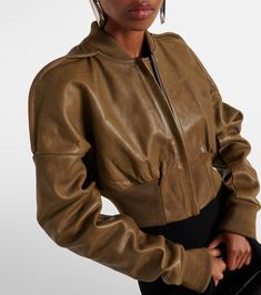 Fitted Cropped Leather Outerwear, Chic Brown Cropped Jacket, Cropped Leather Outerwear For Work, Brown Leather Long Sleeve Cropped Jacket, Brown Leather Cropped Jacket With Long Sleeves, Winter Leather Cropped Jacket For Workwear, Luxury Leather Cropped Jacket For Fall, Chic Brown Leather Cropped Jacket, Fitted Leather Cropped Jacket