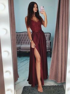 A Line V Neck Burgundy Lace Prom Dresses with Side Slit, Burgundy Lace Graduation Dresses, Burgundy Lace Formal Dresses Vestidos Color Vino, Cheap Prom Dresses Long, Sweetheart Prom Dress, Graduation Dresses, Lace Formal Dress, A Line Prom Dresses