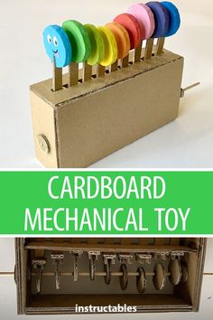 this cardboard mechanical toy is made to look like a box with keys in it and the words cardboard mechanical toy