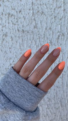 End Of Summer Nails 2023, Peach Nails French Tip, Orange And Peach Nails, Orange Nails Oval, Almond Peach Nails, Late Summer Nails 2023, Neon Peach Nails, Peach Color Nails Designs, Basic Nails Ideas