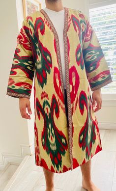 Kimono Kaftan for Burning Man and festivals Unisex One-size Made with authentic Ikat fabric Handmade by stay-at-home mothers in Istanbul, Turkey Traditional Brown Kaftan For Festival, Traditional Brown Kimono For Festival, Festive Traditional Ikat Print Kaftan, Traditional Kimono With Patterns For Festival, Traditional Festival Kimono With Patterns, Traditional Handmade Kaftan With Kimono Sleeves, Traditional Ikat Print Kaftan For Festive Occasions, Traditional Handmade Festival Kaftan, Traditional One-size Kimono With Kimono Sleeves