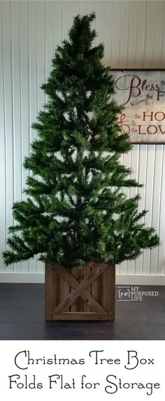 a christmas tree in a wooden crate with text overlay that reads christmas tree box fold flat for storage