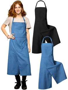 a woman in blue overalls and black apron standing next to an apron with one leg up