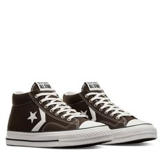 Material(s): Canvas Colour(s): Brown / White - Mid-cut sneakers - Textile lining - Rubber outsole - Lace closure - OrthoLite cushioning for added comfort - Padded collars - Chevron detailing - Fold-and-stitch leather tongue Converse Star Player 76 Mid Sneakers in Brown/White, Size Womens 12 / Mens 10.5, Leather Metal Lords, Mid Sneakers, Converse Star, Burgundy Shoes, Silly Pictures