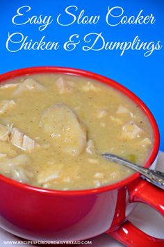 easy slow cooker chicken and dumplings recipe in a red bowl with a spoon