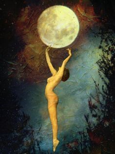 a painting of a woman holding the moon above her head