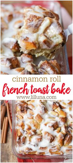 cinnamon roll french toast bake with icing on top