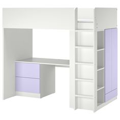 a white loft bed with purple drawers and shelves next to it on a white background