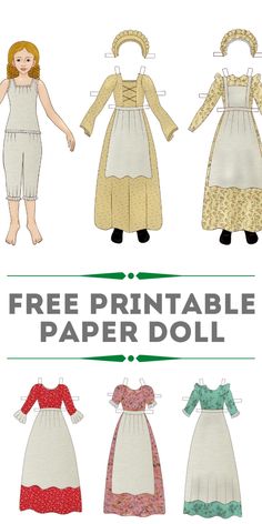 the free printable paper doll is shown with four different dresses and one handmade doll