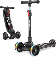 two scooters are shown side by side on a white background, one is black and the other is red