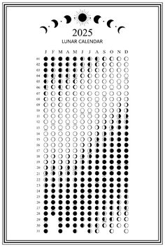 a calendar with the moon phases in black and white, as well as numbers for each month