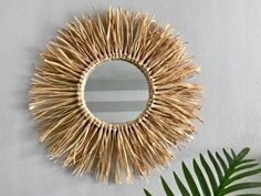 a mirror that is on the wall next to a palm leaf and a potted plant