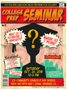 a flyer for a college prep seminar with question marks on the front and back cover