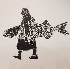 a drawing of a person walking with a fish on it's back and legs