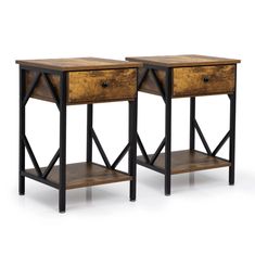 two wooden tables with drawers on each side